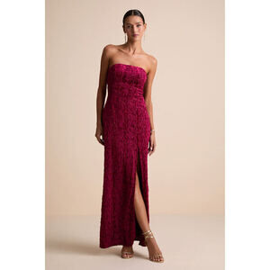 Lulus Chic Grace Burgundy Velvet Floral Applique Strapless Maxi Dress Red